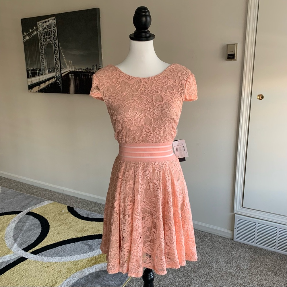 JODI KRISTOPHER Pink Lace Midi Dress